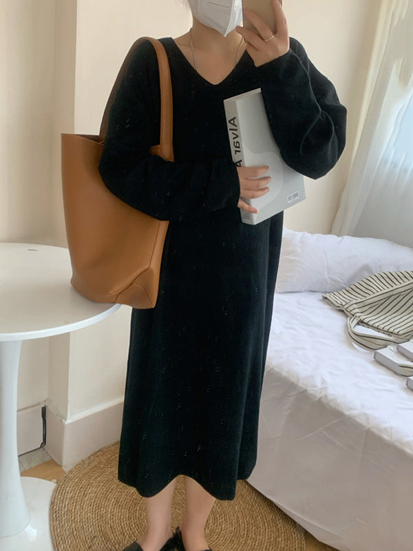 Long Sleeves Loose Solid Color V-Neck Midi Dresses Sweater Dresses