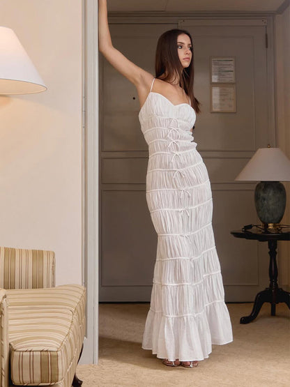 Elegant White Ruched Maxi Dress – Slimming Vacation Outfit for Photos