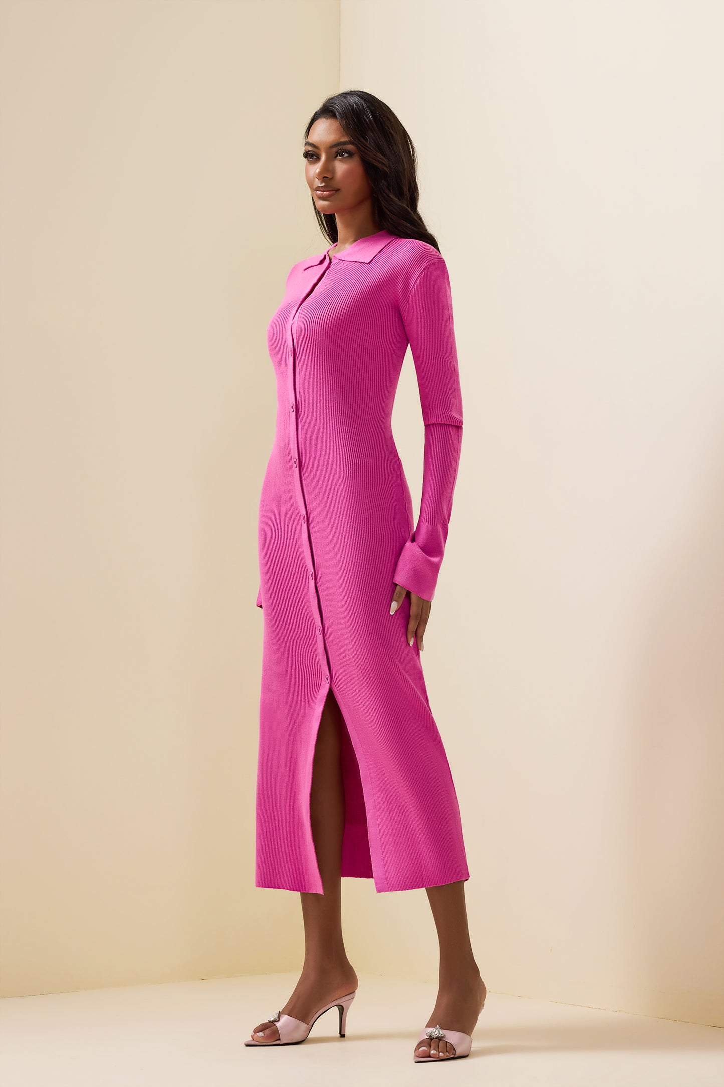 Jersey Solid Button Midi Dress