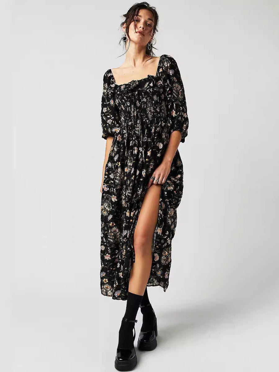 A-Line Dress Floral Ruching Sqaure Neck Three Quarters Daily Casual Midi Dresses