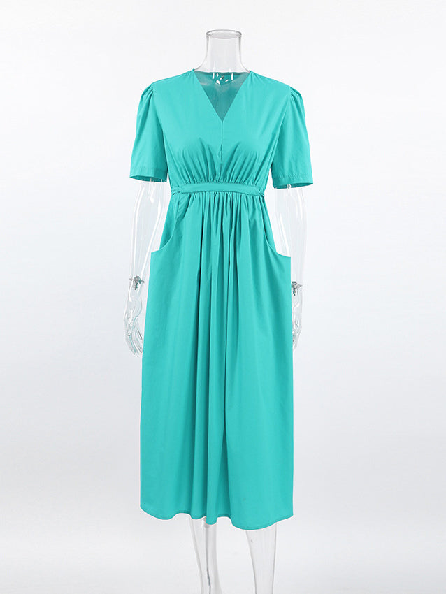 Summer Dress Short Sleeves V-Neck Pleated Pockets Casual Midi Dresses