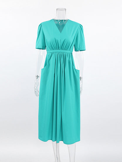 Summer Dress Short Sleeves V-Neck Pleated Pockets Casual Midi Dresses