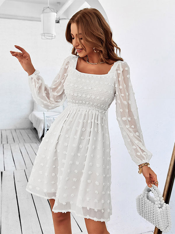 Mini Dresses White Long Sleeves Pleated Short Dress