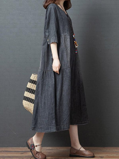 Plus Size Loose V-Neck Denim Midi Dress