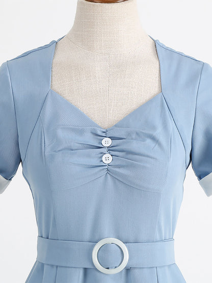 Dress Designed Neckline Short Sleeves Ring Detail Retro Midi Dress