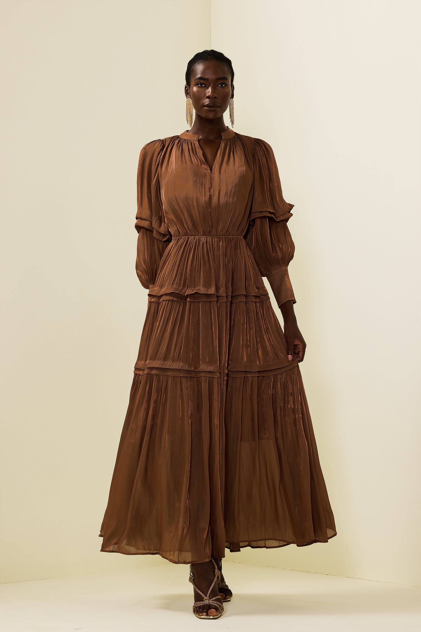 Pleat Lantern Sleeve V-Neck Midi Dress