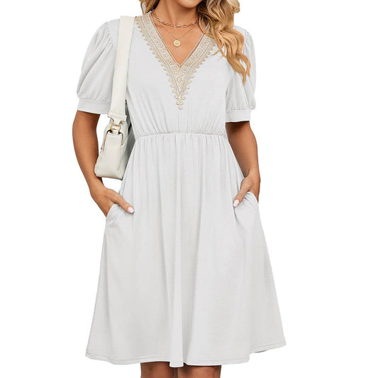 Lace V-Neck Short Sleeve Pocket Mini Dress in Various Colors