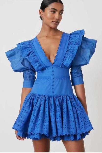 Solid Lace V-Neck Frill Mini Dress