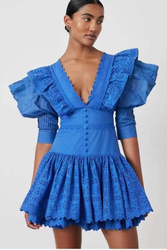 Solid Lace V-Neck Frill Mini Dress