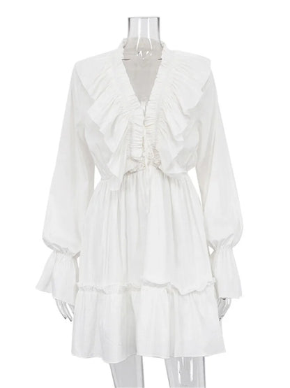 Tossy Ruffled V-Neck White Mini Dress – Long Sleeve Elegant Bandage Fashion Dress