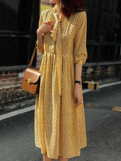 A-Line High Waisted Polka-Dot Tied Mock Neck Midi Dresses
