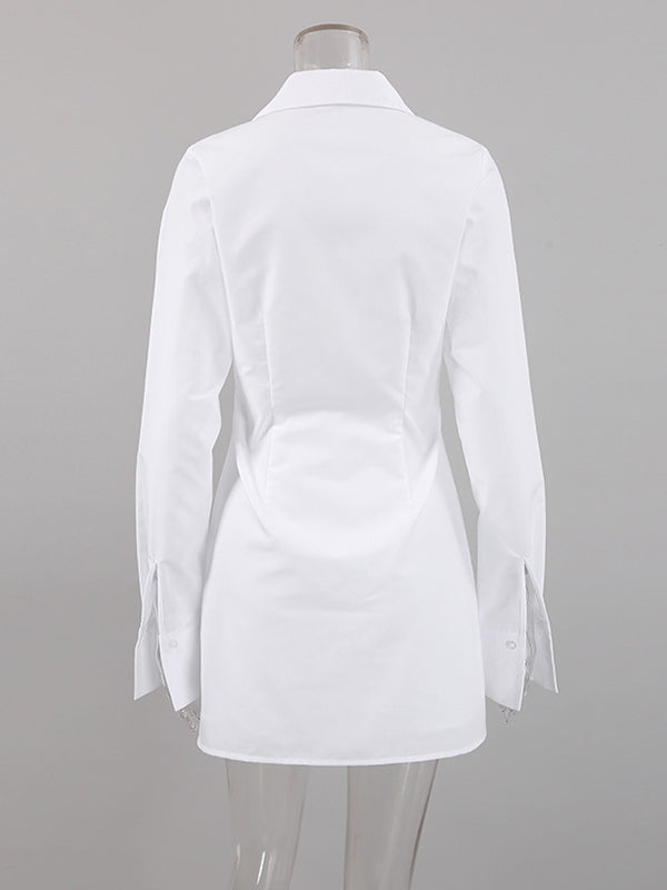 High Waisted Long Sleeves Buckle Solid Color Split-Front Lapel Mini Dresses
