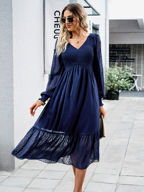 Midi Dress Layered V-Neck Long Sleeves Fall Dresses