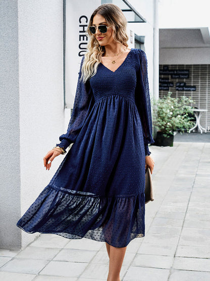 Midi Dress Layered V-Neck Long Sleeves Fall Dresses