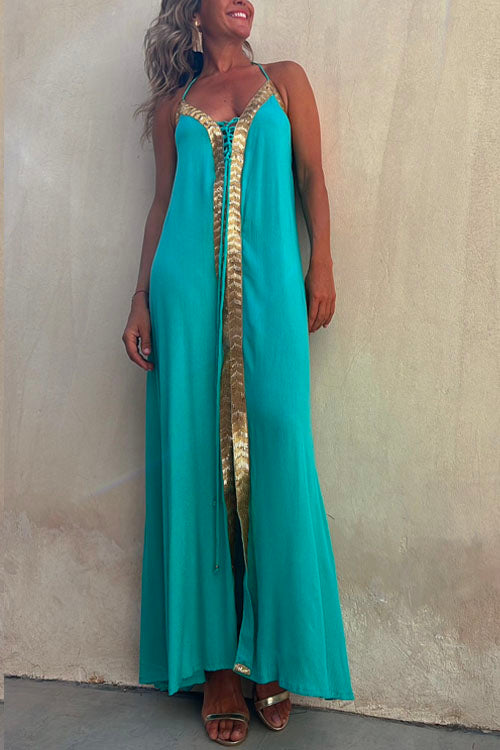 V Neck Backless Sequin Detailed Cami Maxi Dress