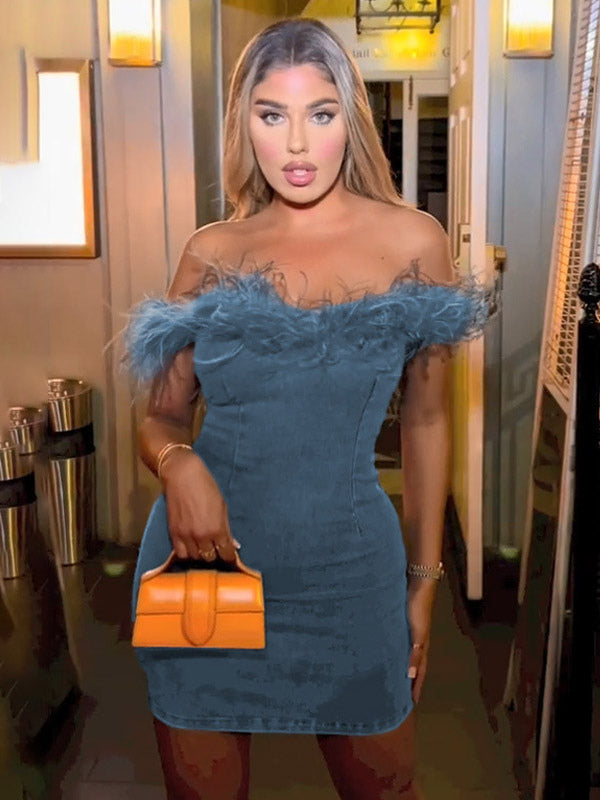 Bodycon Dresses Off Shoulder Backless Feather Trim Sexy Mini Dress