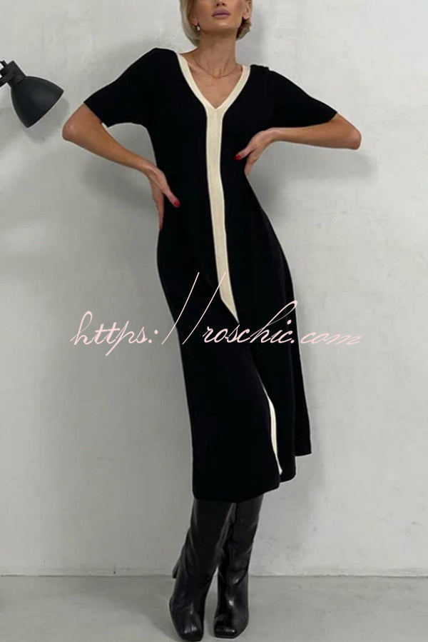 Fashionable V-neck Slim Fit Waist Knitted Midi Dress