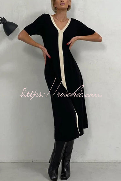 Fashionable V-neck Slim Fit Waist Knitted Midi Dress