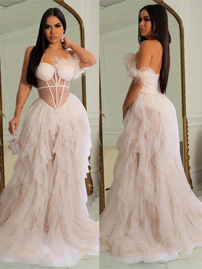 Layered Tulle Dress One Shoulder Corset Feather Trim Backless Sexy Maxi Dresses