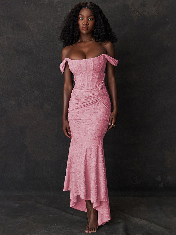 Lace Embellished Dress Sleeveless Gathered High-Low Prom Maxi Dresses
