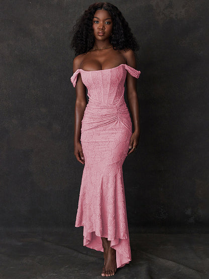 Lace Embellished Dress Sleeveless Gathered High-Low Prom Maxi Dresses