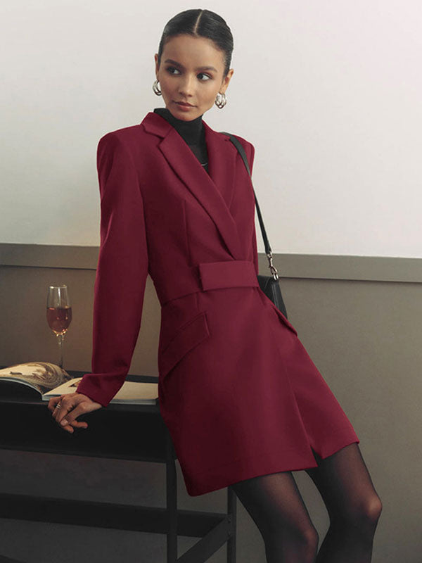 Solid Color Blazer Dress Notched Lapel Pockets Mini Dresses