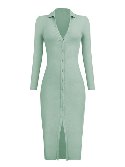 High Waisted Long Sleeves Buttoned Solid Color Lapel Midi Dresses