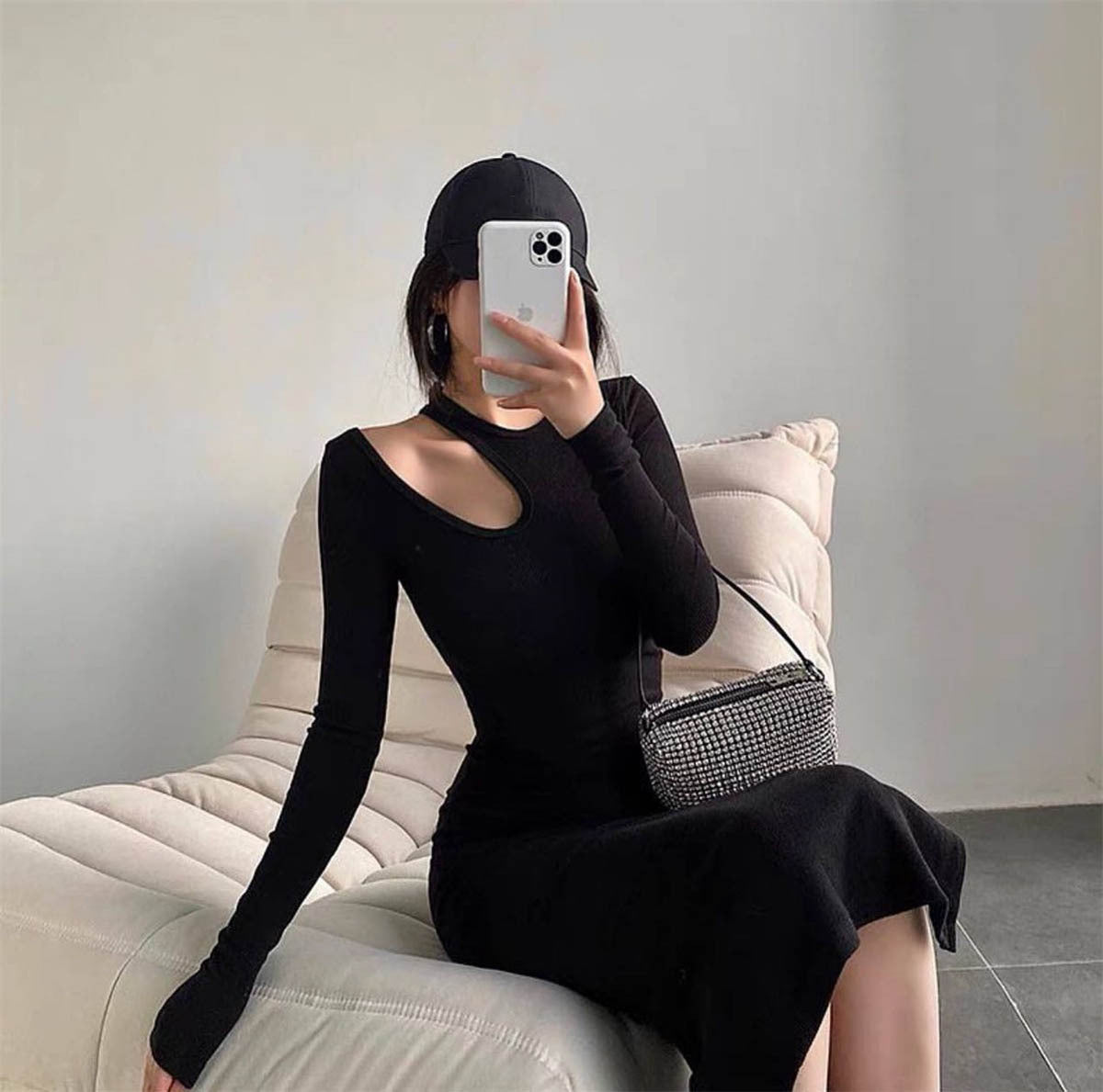 Women Hollow Out Cutout round Neck Tight Rib Dress Autumn Winter Sexy Base Slit Midi Dress Long Sleeve