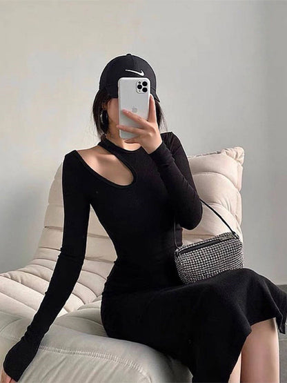 Sexy Cut Out Midi Dress for Women Elegant Fashion O-neck Long Sleeve Bodycon Party Dresses Autumn Winter Solid Casual Dress 2024