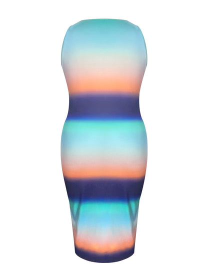 4XL 5XL Plus Size Striped Gradient Bodycon Cami Dress Notch Neck Sleeveless Printing Midi Dress For Women