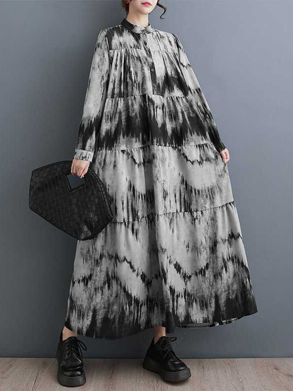 A-Line Long Sleeves Pleated Printed Split-Joint Stand Collar Midi Dresses