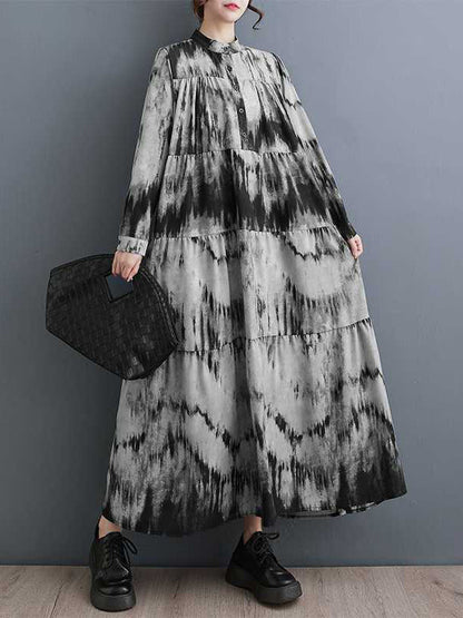 A-Line Long Sleeves Pleated Printed Split-Joint Stand Collar Midi Dresses