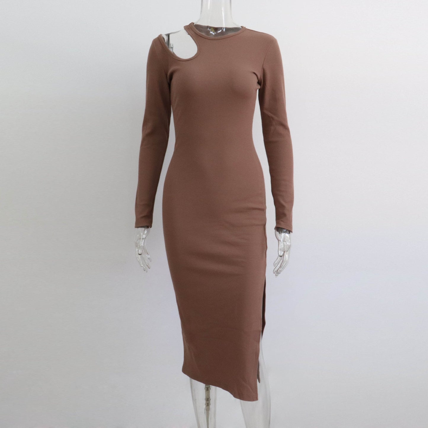 Women Hollow Out Cutout round Neck Tight Rib Dress Autumn Winter Sexy Base Slit Midi Dress Long Sleeve