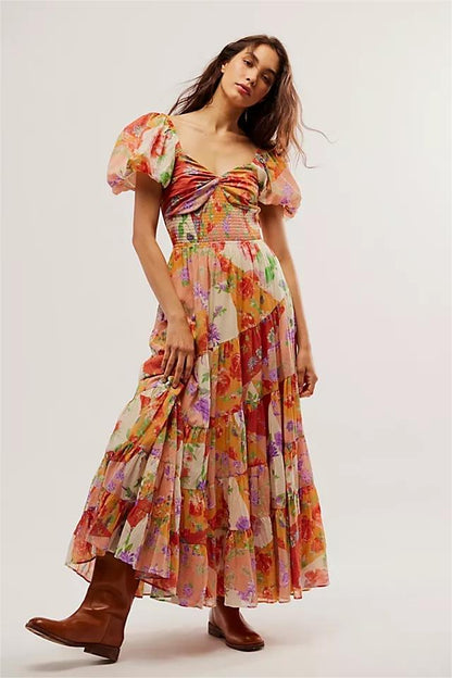 Floral Puff Sleeve Smocking Midi Dress