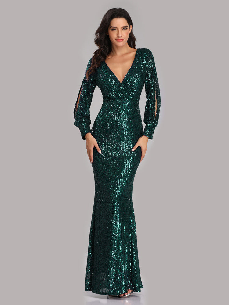 Sequin Party Dresses V-Neck Long Sleeve Birthday Semi Formal Maxi Dress