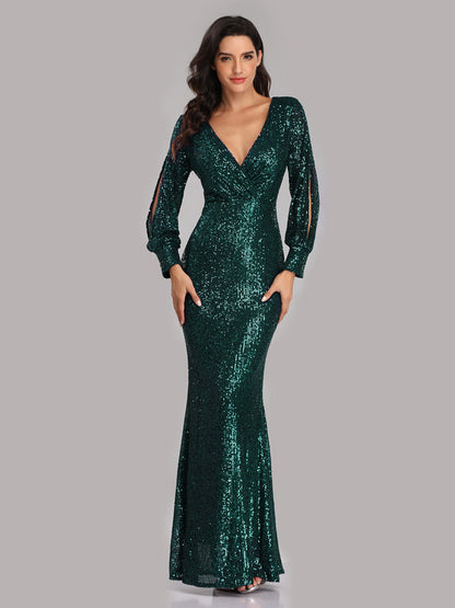 Sequin Party Dresses V-Neck Long Sleeve Birthday Semi Formal Maxi Dress