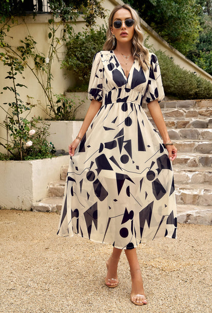 HIDDEN PASSAGE PRINTED MIDI DRESS - BEIGE