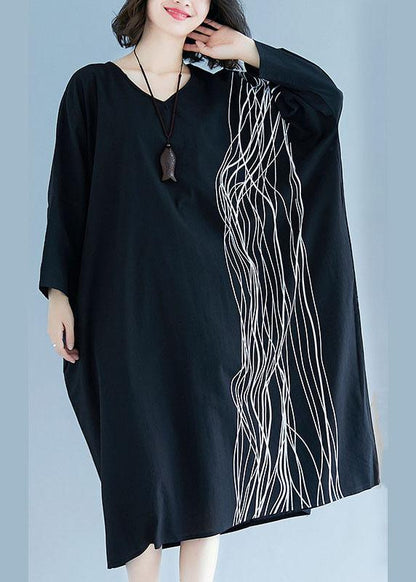 French Black Bat Wing Sleeve V Neck Print Patchwork Fall Maxi Dress