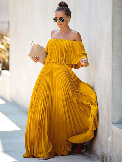 Maxi Dresses Half Sleeves Yellow Bateau Neck Pleated Asymmetrical   Floor Length Dress