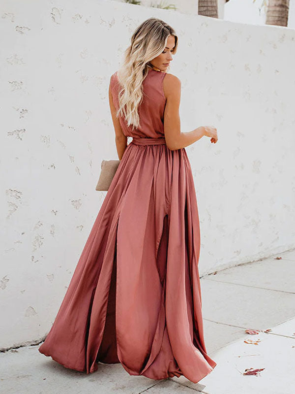 Wrap Dress Sleeveless Blush Pink V Neck Knotted Slit Prom Maxi Dresses