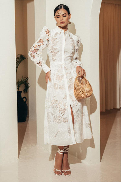 Lace Solid Lantern Sleeve Midi Dress With Belt
