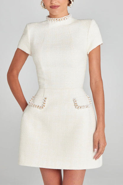 Mockneck Pearl Trim Waisted Tweed Mini Dress