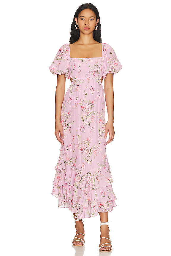 Floral Smocking Puff Sleeve Midi Dress