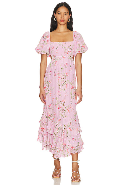 Floral Smocking Puff Sleeve Midi Dress
