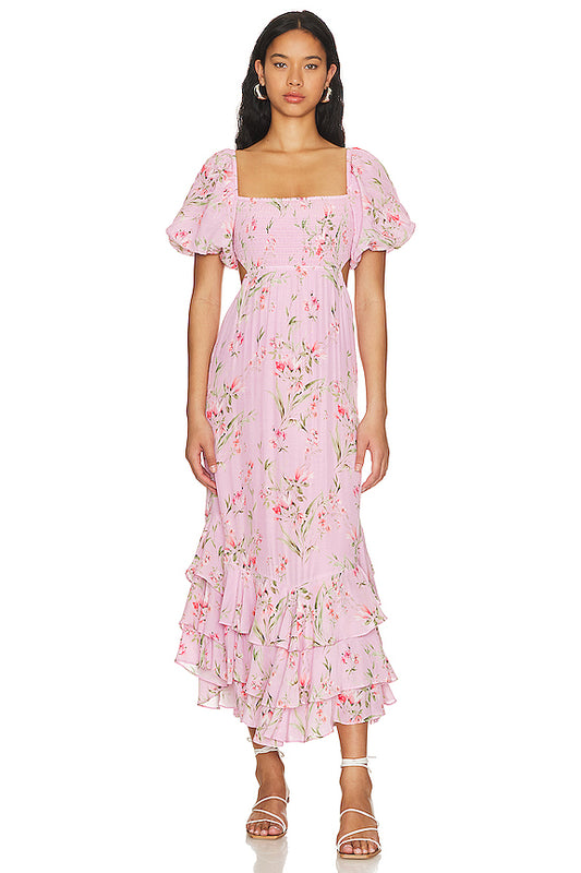 Floral Smocking Puff Sleeve Midi Dress