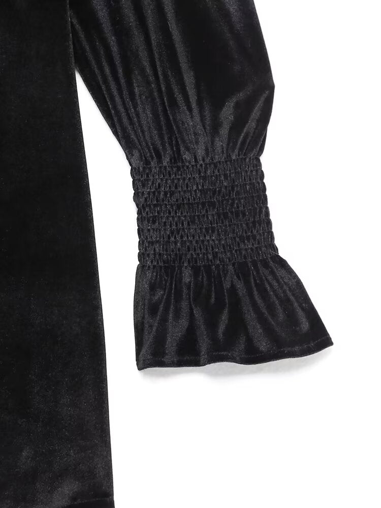 Fall Women Clothing Black Dress French Court Puff Sleeve Velvet Mini Dress