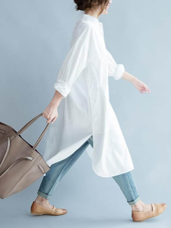 High-Low Long Sleeves Buttoned Solid Color Split-Side Lapel Midi Dresses Shirt Dress