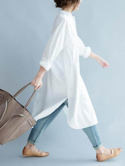 High-Low Long Sleeves Buttoned Solid Color Split-Side Lapel Midi Dresses Shirt Dress