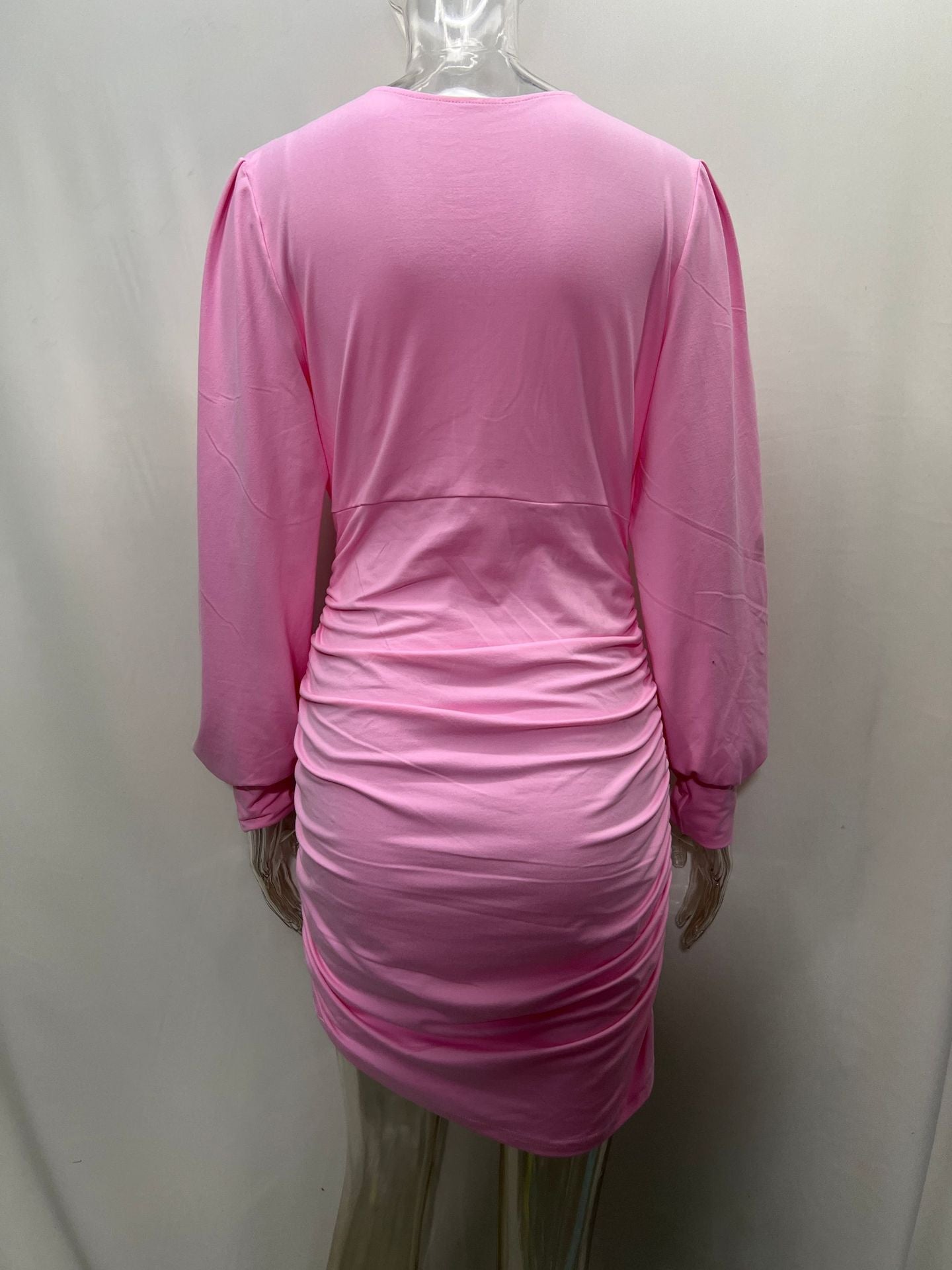 Pleated Elegant Mini Dress V-Neck Long Sleeves Pencil Dress In Solid Color