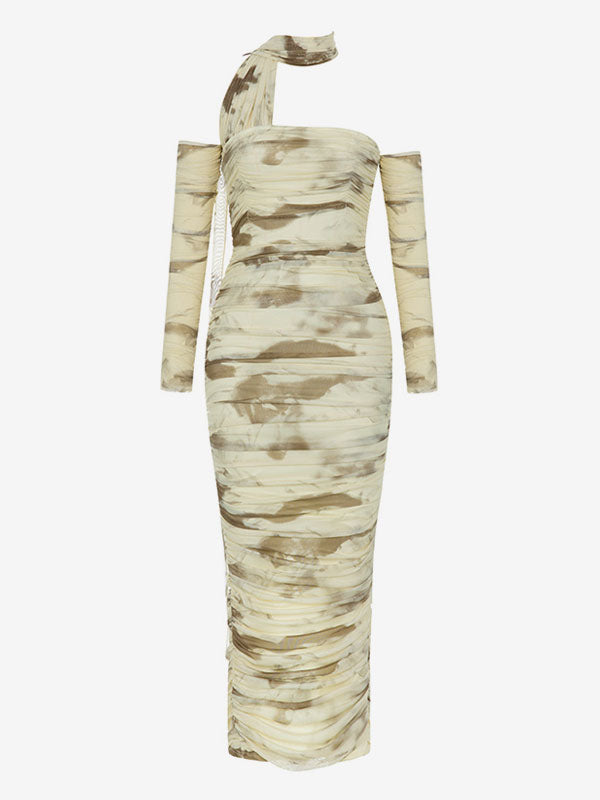 Bodycon Dresses Yellow Floral Print Long Sleeves Pleated Sexy Strapless Open Shoulder Midi Dress Sheath Dress